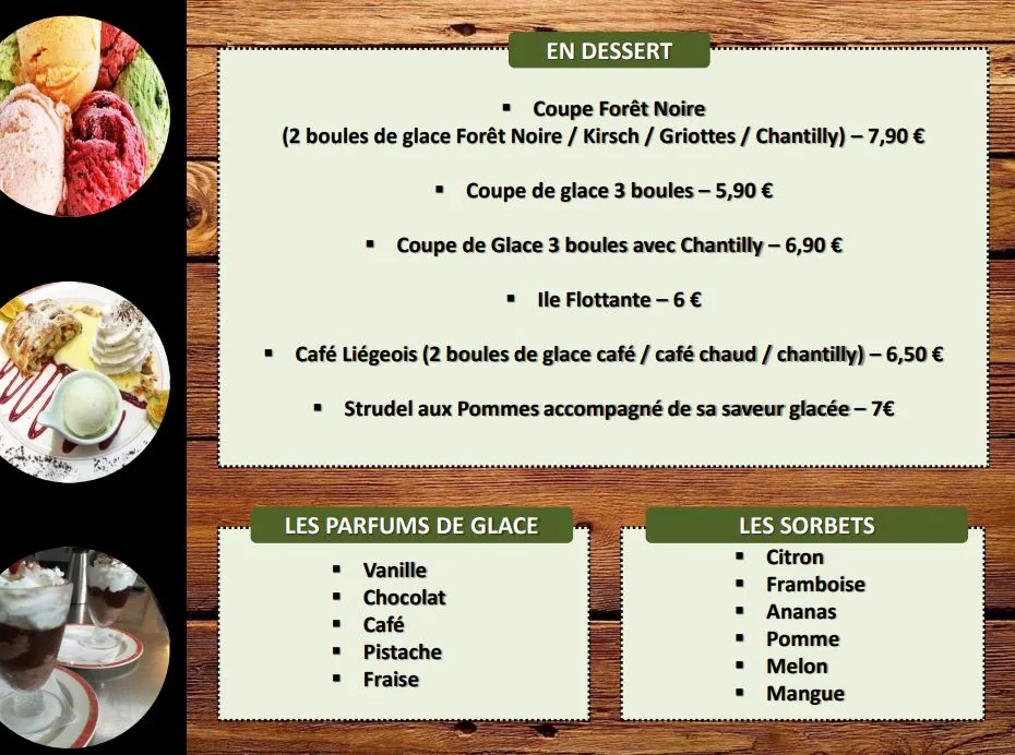 Seconde page de la carte historique Au Sapin consacrée aux desserts