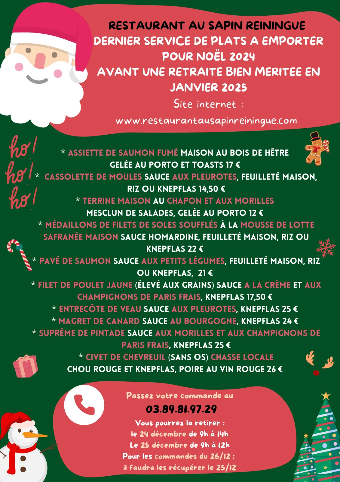 Menu de Noël 2024 avec poissons, volailles et gibier